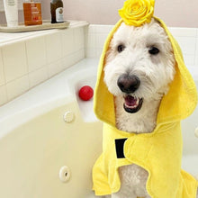 Load image into Gallery viewer, Dog in Yellow Dripping Dog® Bathrobe After a Bath