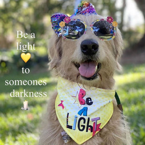 Kaia Wearing Be A Light Dripping Dog Reversible Dog Bandana