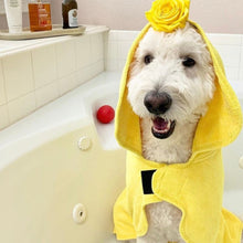 Load image into Gallery viewer, Dog in Yellow Dripping Dog® Bathrobe After a Bath
