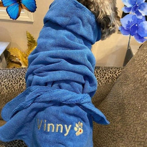 Vinny in Blue Dripping Dog Bathrobe