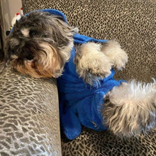 Load image into Gallery viewer, Vinny in Blue Dripping Dog Bathrobe

